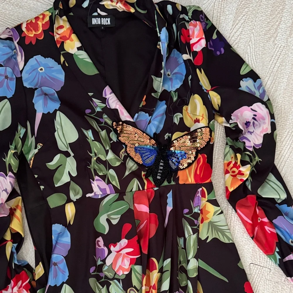 Black Floral Long-Sleeve Maxi Dress with Butterfly Detail - Picture 3 of 3